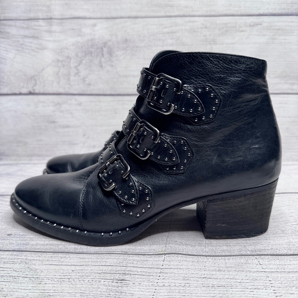 Paul Green Black Leather Soho Moto Studded Buckle Ankle Boots Size 4 UK 6.5 US